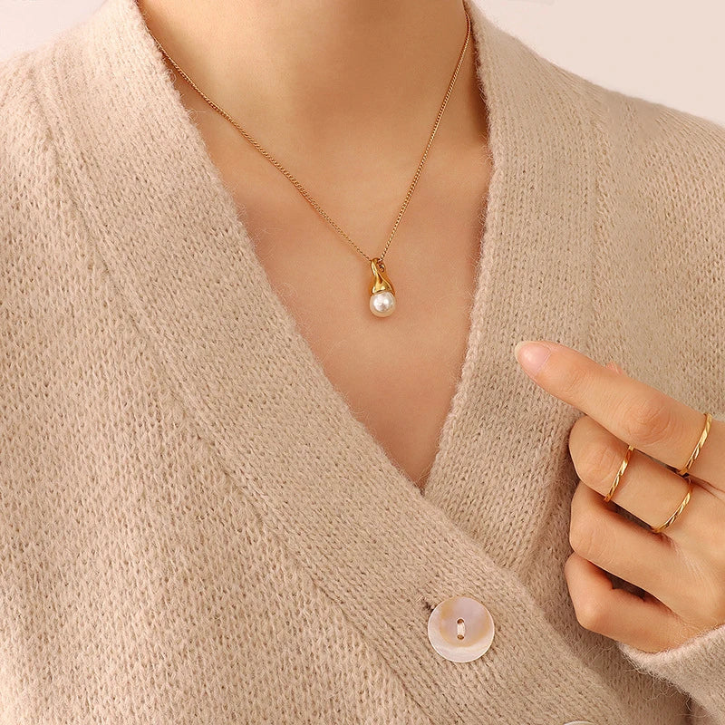 Ermania - Hainon Stainless Steel Necklace Fashion Droplet Pearl Pendant Necklace