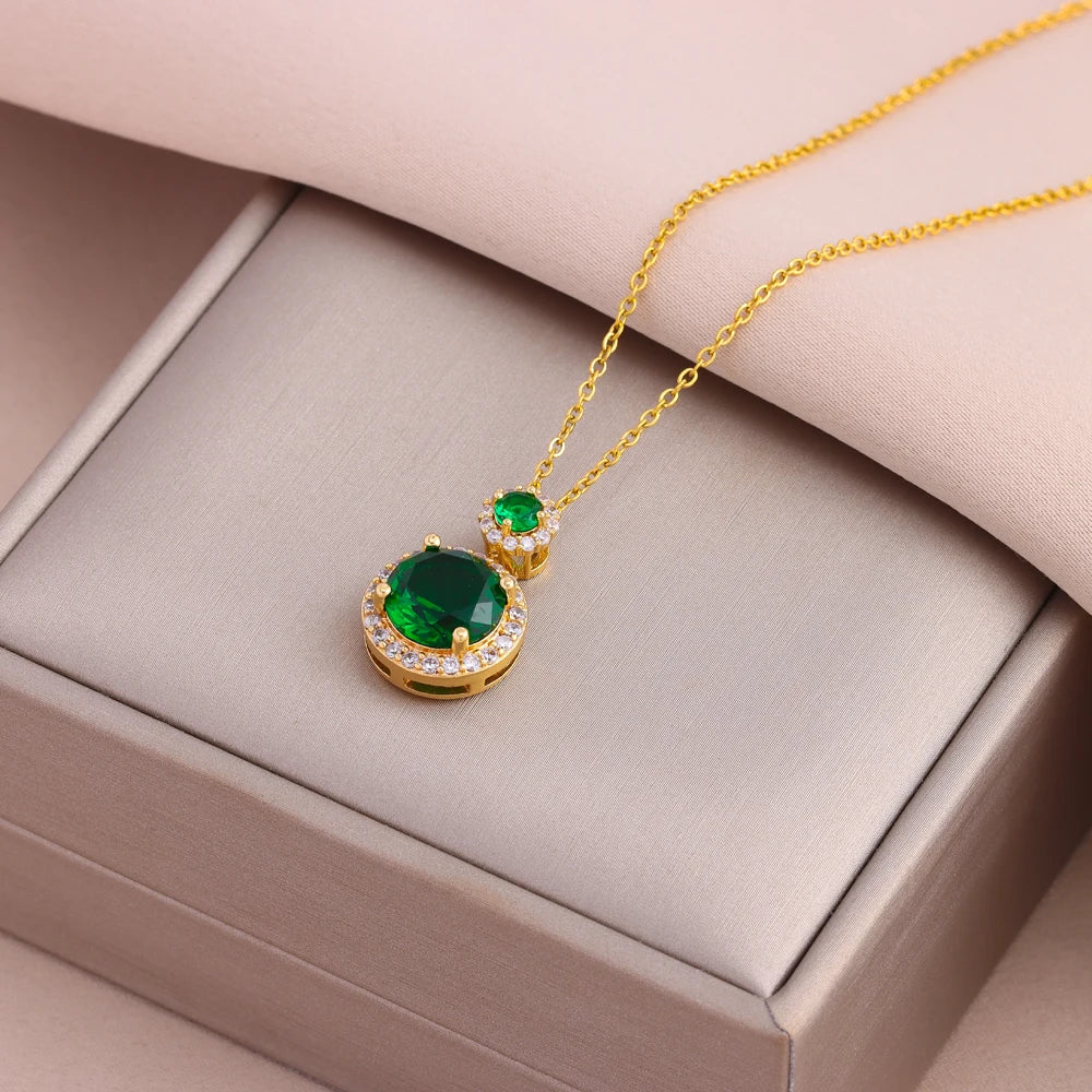 Ermania - Green Zircon Crystal Pendant Stainless Steel Necklaces