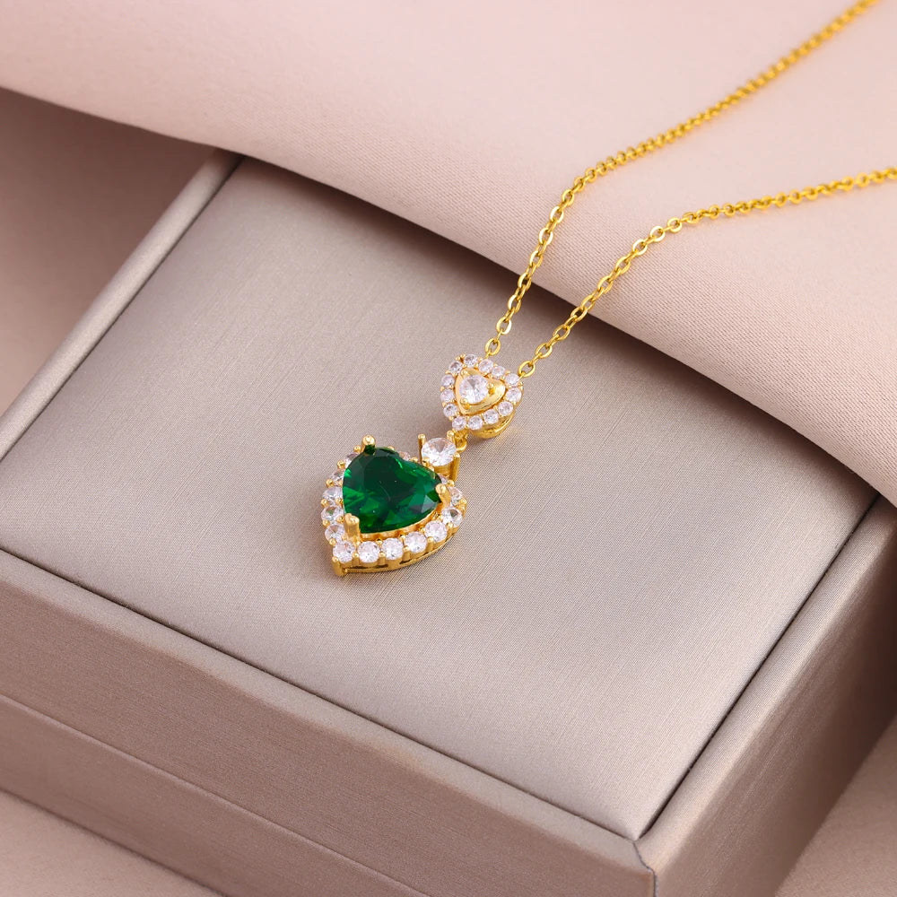Ermania - Green Zircon Crystal Pendant Stainless Steel Necklaces
