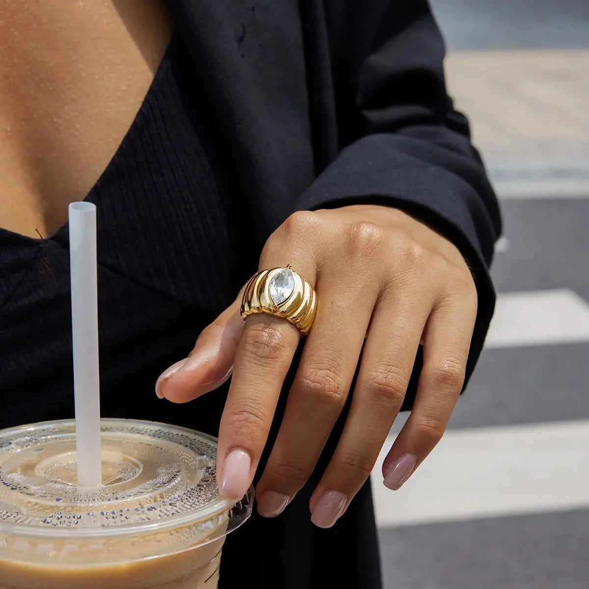 Bague Yori plaquée en acier inoxydable côtelé ERMANIA