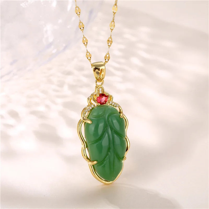 Ermania - Green Zircon Crystal Pendant Stainless Steel Necklaces