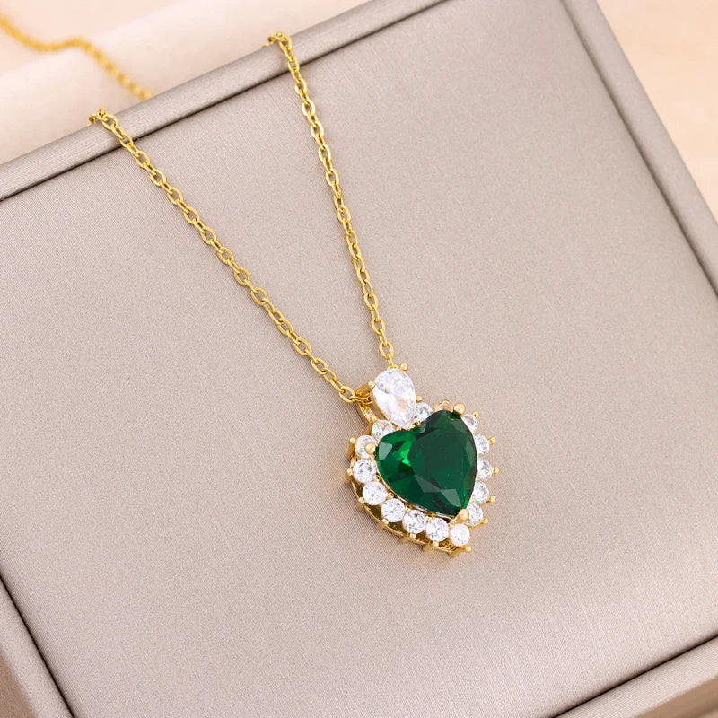 Ermania - Green Zircon Crystal Pendant Stainless Steel Necklaces