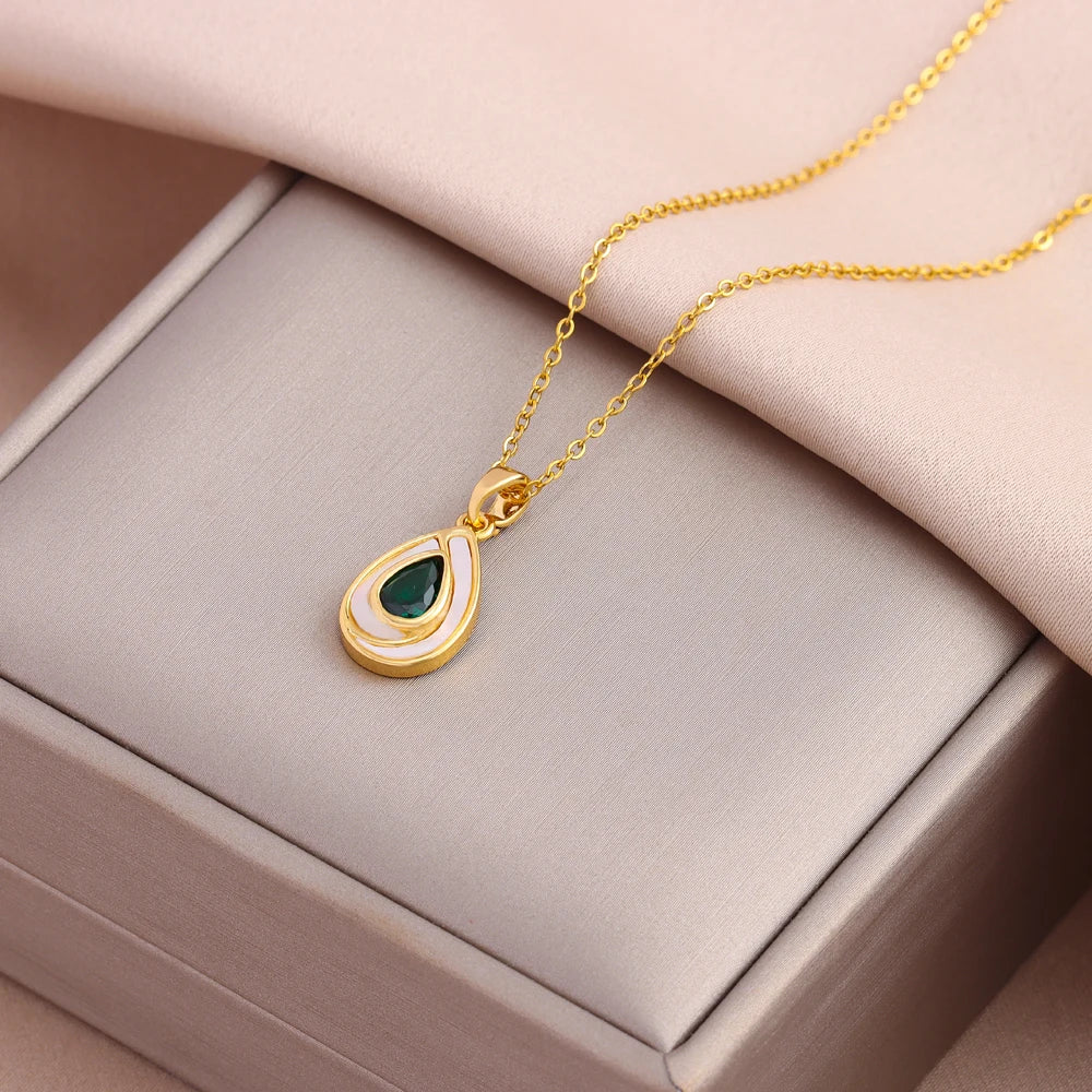 Ermania - Green Zircon Crystal Pendant Stainless Steel Necklaces