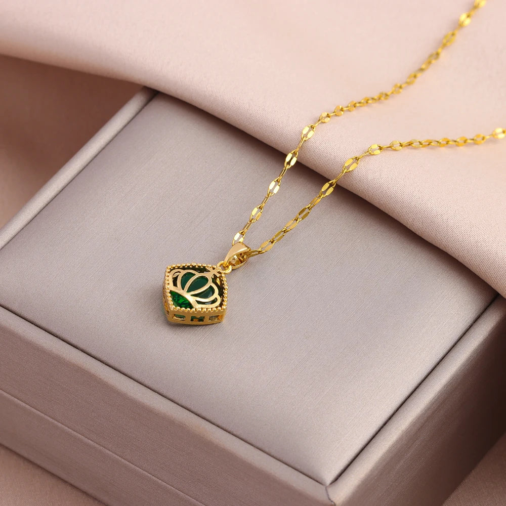 Ermania - Green Zircon Crystal Pendant Stainless Steel Necklaces