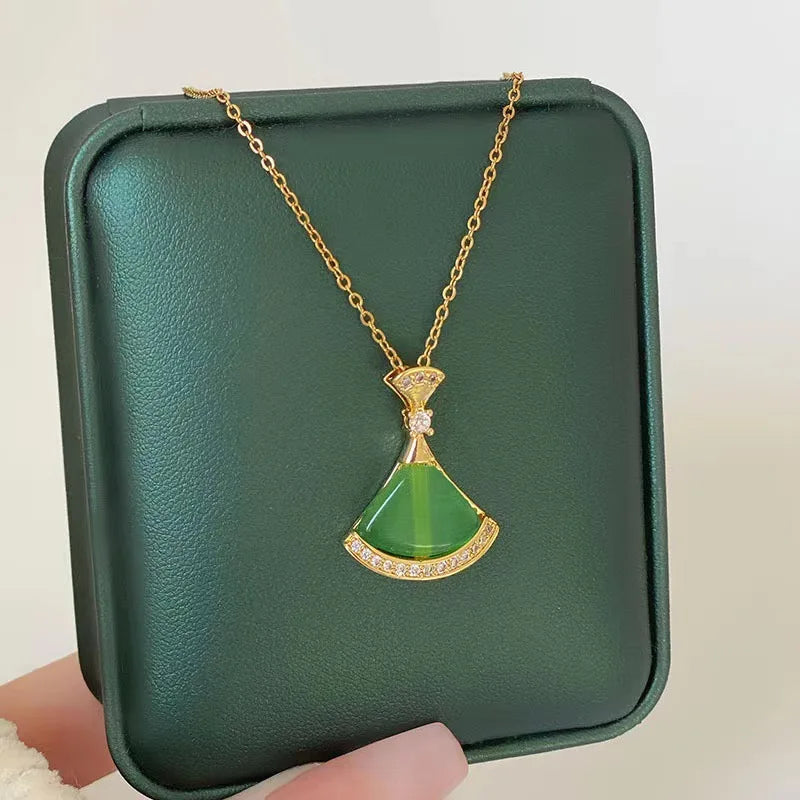 Ermania - Green Zircon Crystal Pendant Stainless Steel Necklaces