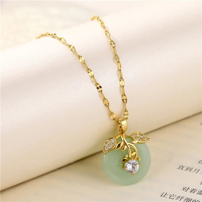 Ermania - Green Zircon Crystal Pendant Stainless Steel Necklaces