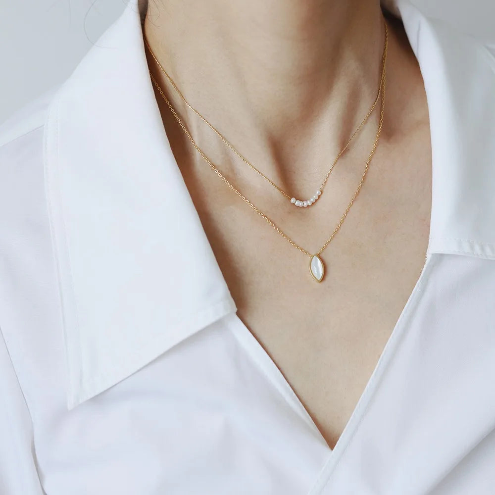 Ermania - Stainless Steel Plated 18K Gold Oval Shell Pendant Necklace