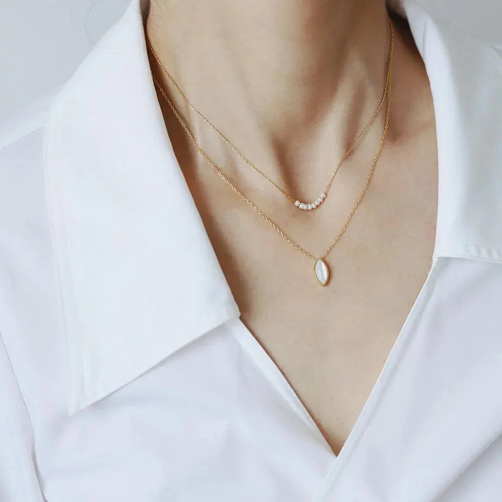 Ermania - Stainless Steel Plated 18K Gold Oval Shell Pendant Necklace - Ermania
