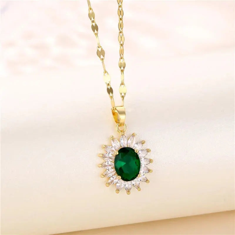 Ermania - Green Zircon Crystal Pendant Stainless Steel Necklaces - Ermania