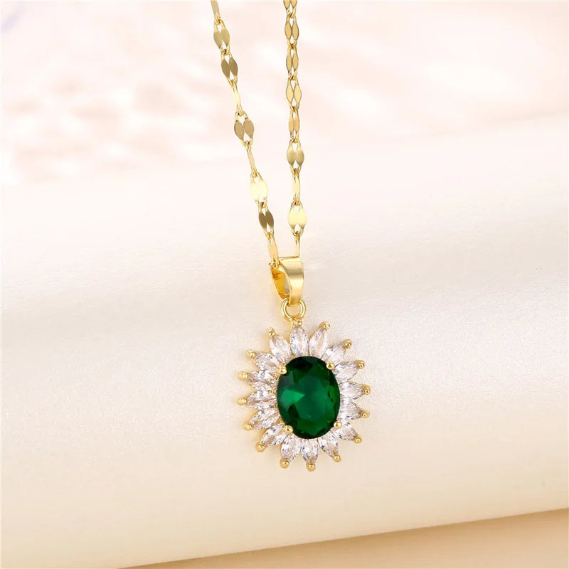 Ermania - Green Zircon Crystal Pendant Stainless Steel Necklaces