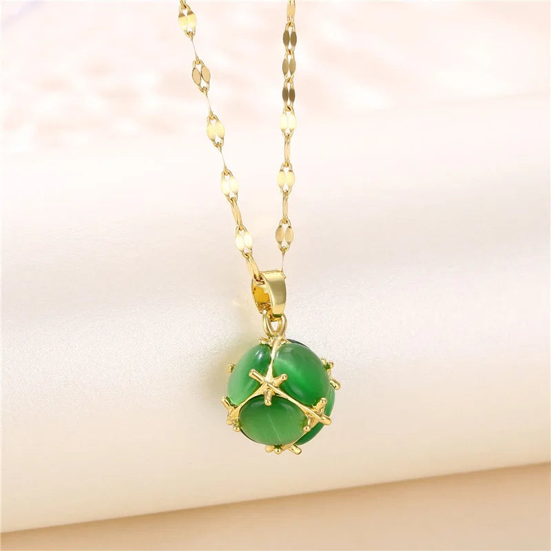 Ermania - Green Zircon Crystal Pendant Stainless Steel Necklaces