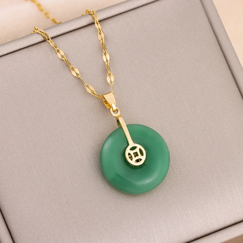 Ermania - Green Zircon Crystal Pendant Stainless Steel Necklaces