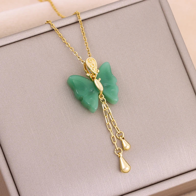 Ermania - Green Zircon Crystal Pendant Stainless Steel Necklaces