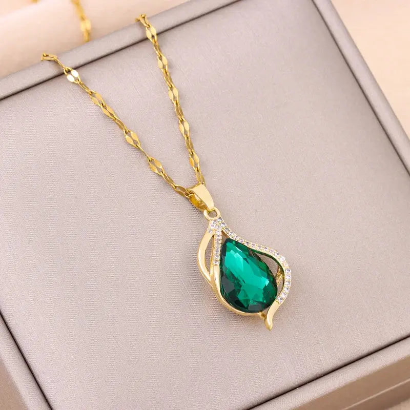 Ermania - Green Zircon Crystal Pendant Stainless Steel Necklaces - Ermania