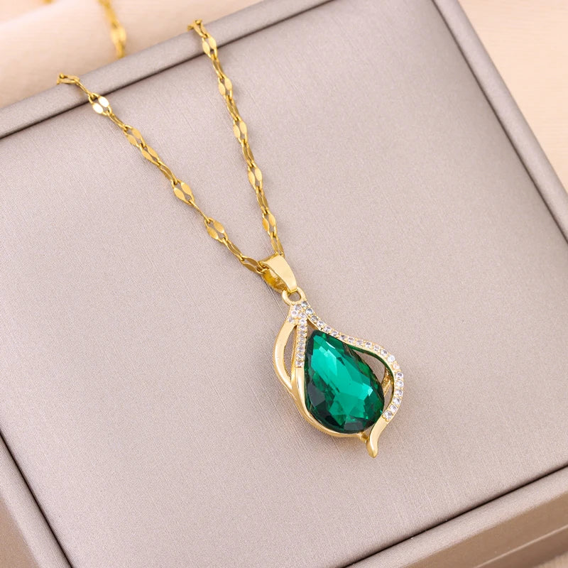 Ermania - Green Zircon Crystal Pendant Stainless Steel Necklaces