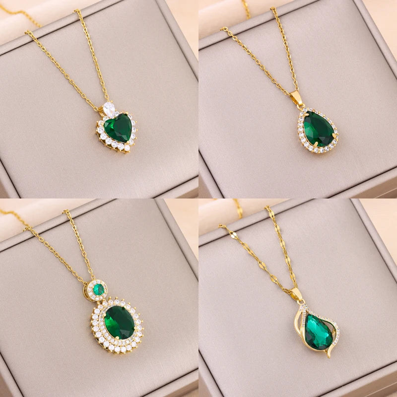 Ermania - Green Zircon Crystal Pendant Stainless Steel Necklaces