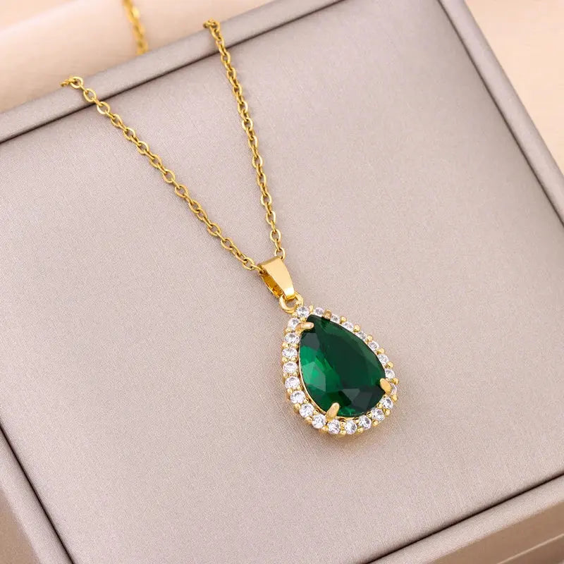 Ermania - Green Zircon Crystal Pendant Stainless Steel Necklaces - Ermania