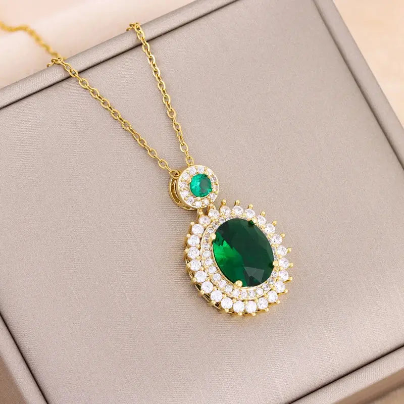 Ermania - Green Zircon Crystal Pendant Stainless Steel Necklaces - Ermania