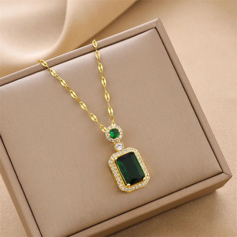 Ermania - Green Zircon Crystal Pendant Stainless Steel Necklaces
