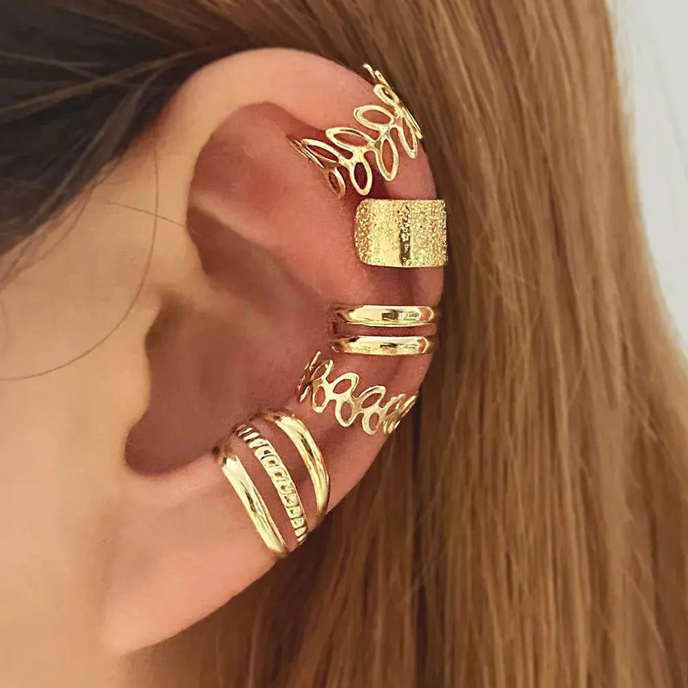 Ermania - 5pcs/set Retro Multi-element Leaf Geometric Ear Cuff - Ermania