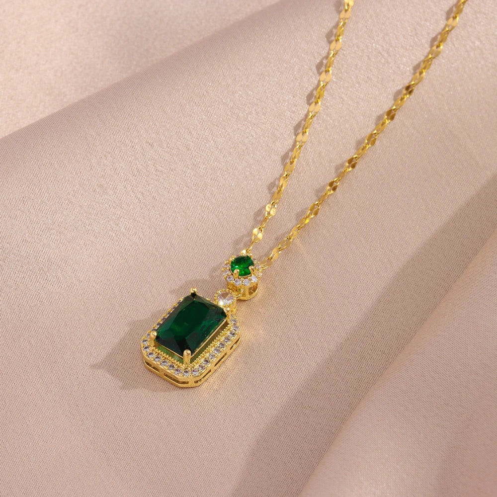Ermania - Green Zircon Crystal Pendant Stainless Steel Necklaces